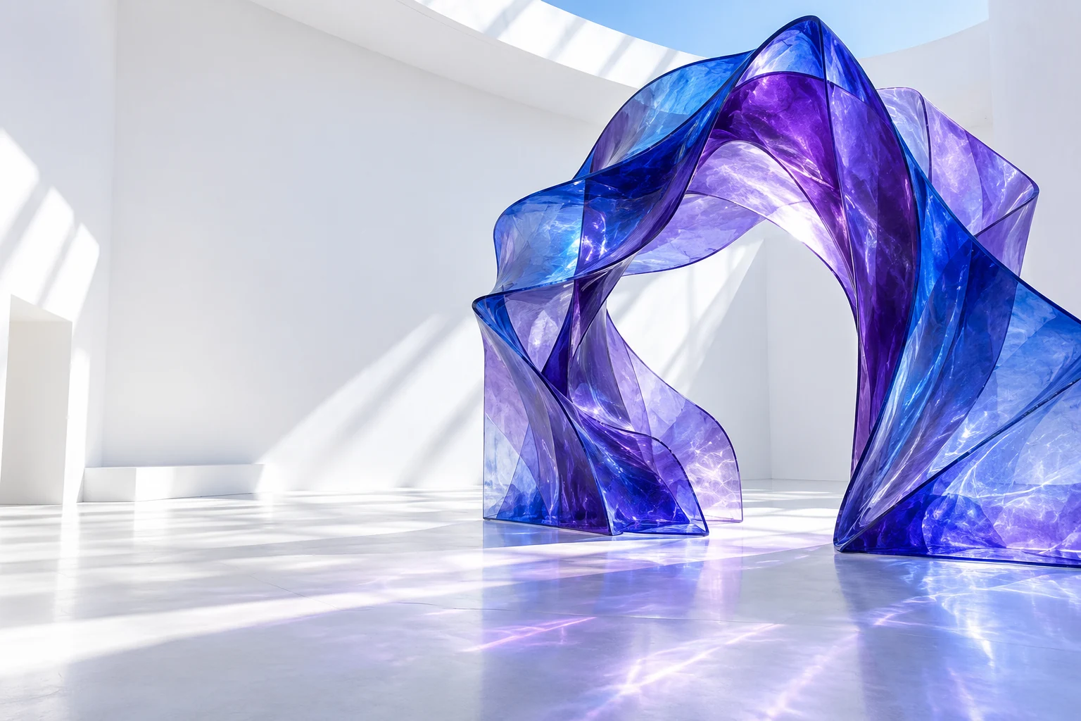 A translucent blue and violet portal in a sunlit white theater